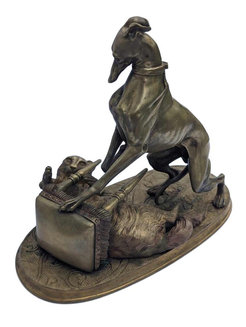 "Playful Pets" a bronze sculpture includes a greyhound or whippet and a cat, depicted in a dynamic scene with an overturned stool by LeBlanc Frères'