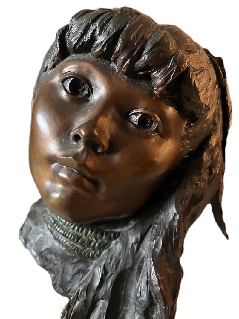 "Feather of Life" a bronze sculpture by noted sculptor-artist L'Deanne Trueblood was cast in 1983 and is no. 5 of an edition 12. This beautiful and expression filled girl is a limited edition bronze sculpture is a welcome edition to most any environment!