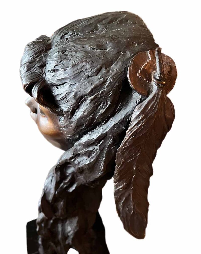 "Feather of Life" a bronze sculpture by noted sculptor-artist L'Deanne Trueblood was cast in 1983 and is no. 5 of an edition 12. This beautiful and expression filled girl is a limited edition bronze sculpture is a welcome edition to most any environment!