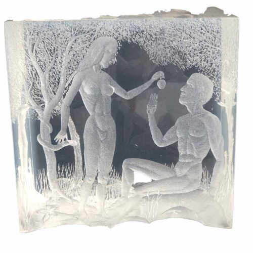 Artist-Sculpture Ralph M Therrien created a Lucite sculpture of Adam & Eve in the Garden of Eden - A unique and rare Lucite carved with a dental drill.  Available for sale now on SculptureCollector.com where unique and creative sculpture is bought, sold, and broked in a secure and private manner globally.