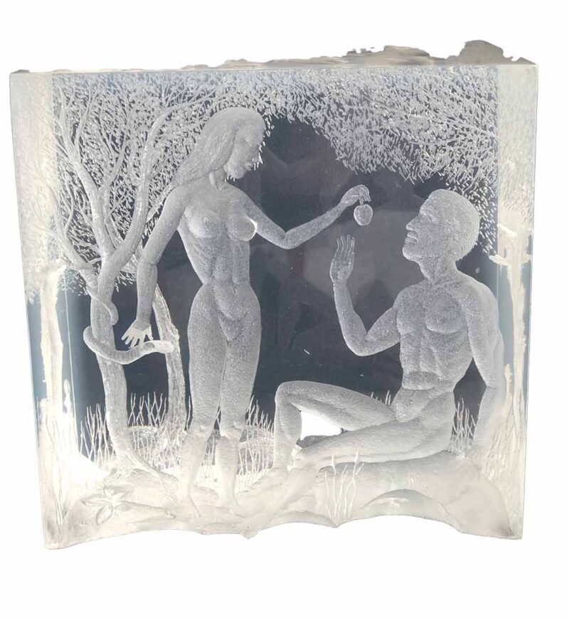 Artist-Sculpture Ralph M Therrien created a Lucite sculpture of Adam & Eve in the Garden of Eden - A unique and rare Lucite carved with a dental drill.  Available for sale now on SculptureCollector.com where unique and creative sculpture is bought, sold, and broked in a secure and private manner globally.