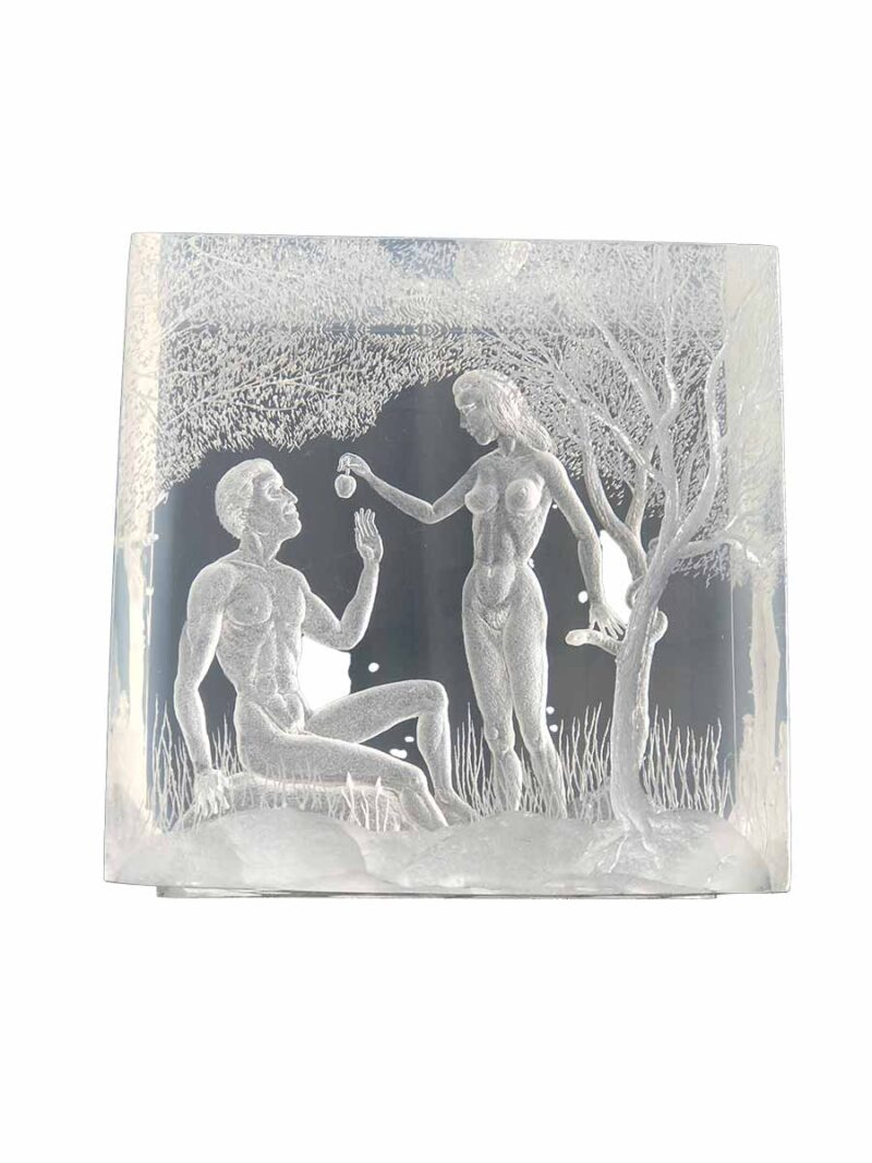 Artist-Sculpture Ralph M Therrien created a Lucite sculpture of Adam & Eve in the Garden of Eden - A unique and rare Lucite carved with a dental drill.  Available for sale now on SculptureCollector.com where unique and creative sculpture is bought, sold, and broked in a secure and private manner globally.