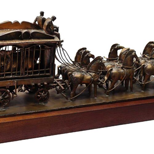 Circus Wagon a unique one of a kind welded bronze sculpture. A mesmerizing portrayal od a Circus Wadgon it's horses, drivers, and tweo caged lions reoresenting a time past. They all play a part! This unique welded bronze Circus Wagon is by the noted sculptor-artist Leonard DeLonga. Circus Wagon so aptly titled! A great price for a truly detailed and decorative piece! Available now from SculptureCollector.com where unique and creative sculpture is bought, sold, and brokered in a secure and private manner globally.