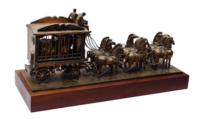 Circus Wagon a unique one of a kind welded bronze sculpture. A mesmerizing portrayal od a Circus Wadgon it's horses, drivers, and tweo caged lions reoresenting a time past. They all play a part! This unique welded bronze Circus Wagon is by the noted sculptor-artist Leonard DeLonga. Circus Wagon so aptly titled! A great price for a truly detailed and decorative piece! Available now from SculptureCollector.com where unique and creative sculpture is bought, sold, and brokered in a secure and private manner globally.