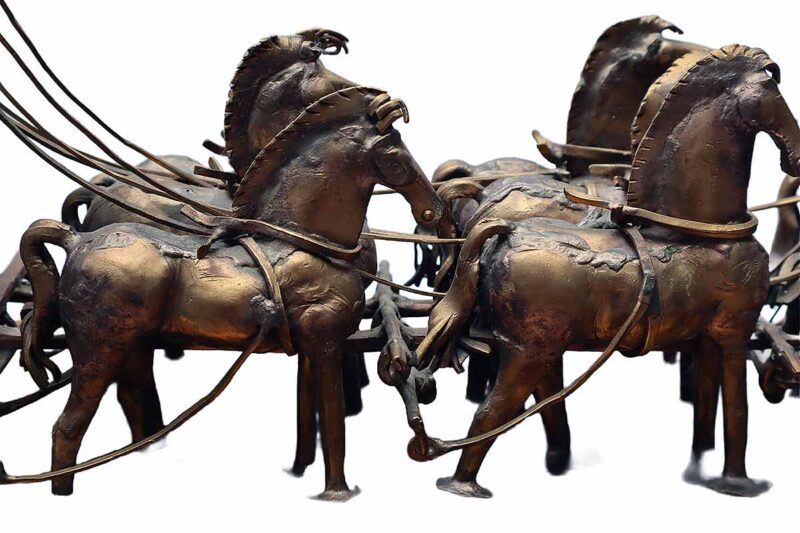 Circus Wagon a unique one of a kind welded bronze sculpture. A mesmerizing portrayal od a Circus Wadgon it's horses, drivers, and tweo caged lions reoresenting a time past. They all play a part! This unique welded bronze Circus Wagon is by the noted sculptor-artist Leonard DeLonga. Circus Wagon so aptly titled! A great price for a truly detailed and decorative piece! Available now from SculptureCollector.com where unique and creative sculpture is bought, sold, and brokered in a secure and private manner globally.