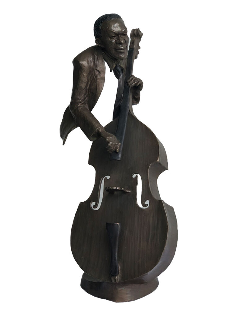 A bronze sculpture titled "Jazz Bass player" by Mark Hopkins one of the pieces of the Jazz Musicians Sculpture Group by Mark Hopkins. Available now from SculptureCollector.com where unique and creative sculpture is bought, sold, and brokered in a secure and private manner globally.