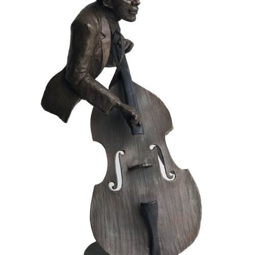 A bronze sculpture titled "Jazz Bass player" by Mark Hopkins one of the pieces of the Jazz Musicians Sculpture Group by Mark Hopkins. Available now from SculptureCollector.com where unique and creative sculpture is bought, sold, and brokered in a secure and private manner globally.