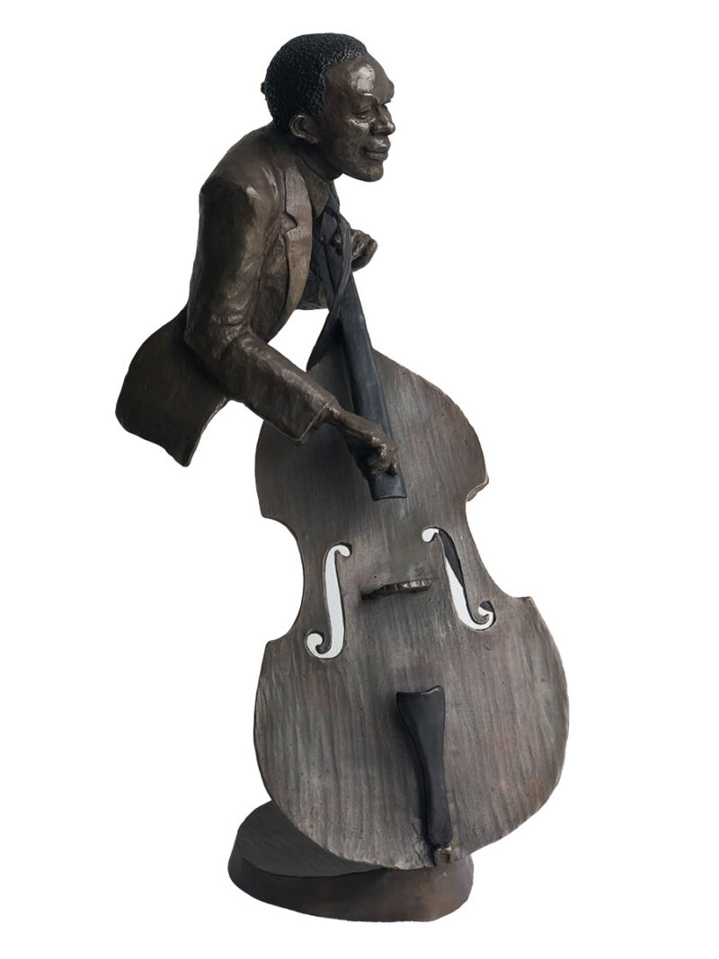 A bronze sculpture titled "Jazz Bass player" by Mark Hopkins one of the pieces of the Jazz Musicians Sculpture Group by Mark Hopkins. Available now from SculptureCollector.com where unique and creative sculpture is bought, sold, and brokered in a secure and private manner globally.