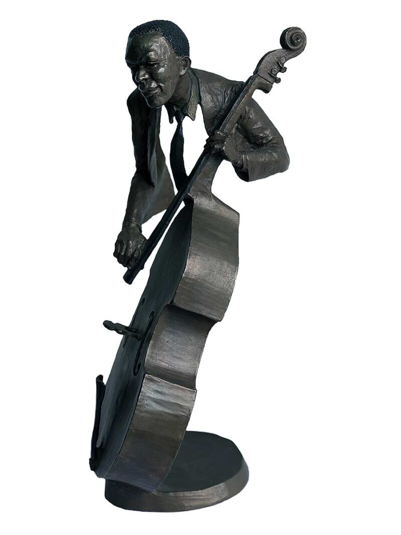 A bronze sculpture titled "Jazz Bass player" by Mark Hopkins one of the pieces of the Jazz Musicians Sculpture Group by Mark Hopkins. Available now from SculptureCollector.com where unique and creative sculpture is bought, sold, and brokered in a secure and private manner globally.