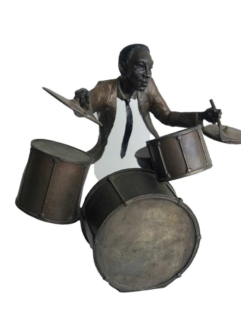 A bronze sculpture titled "Jazz Drummer" by Mark Hopkins one of the pieces of the Jazz Musicians Sculpture Group by Mark Hopkins