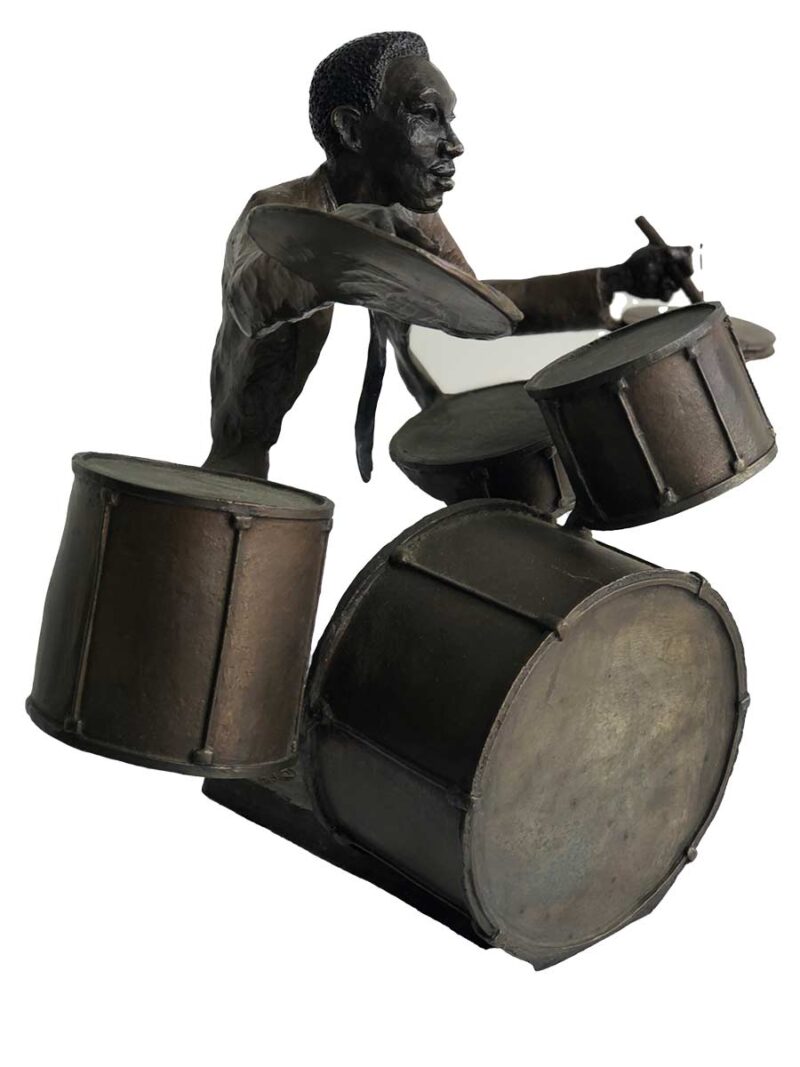 A bronze sculpture titled "Jazz Drummer" by Mark Hopkins one of the pieces of the Jazz Musicians Sculpture Group by Mark Hopkins