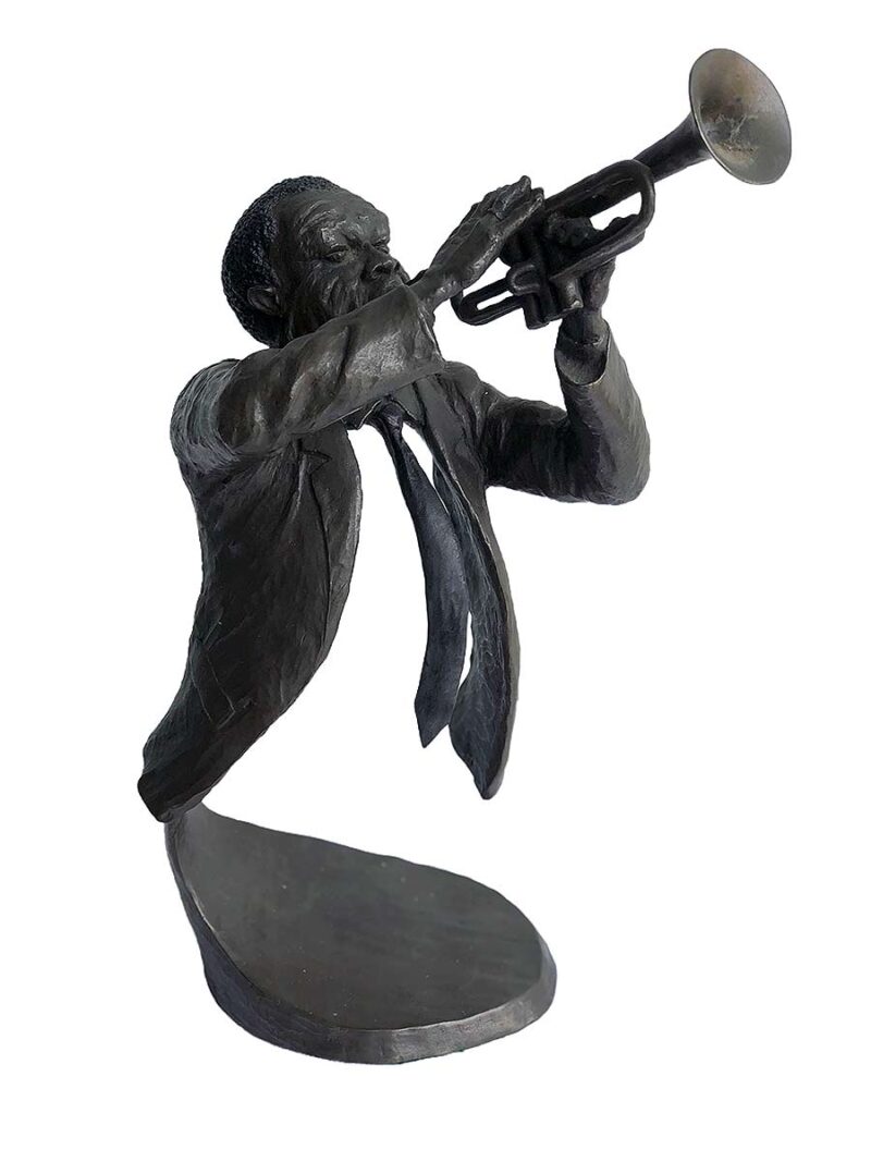 A bronze sculpture titled "Jazz Trumpeter" by Mark Hopkins one of the pieces of the Jazz Musicians Sculpture Group by Mark Hopkins