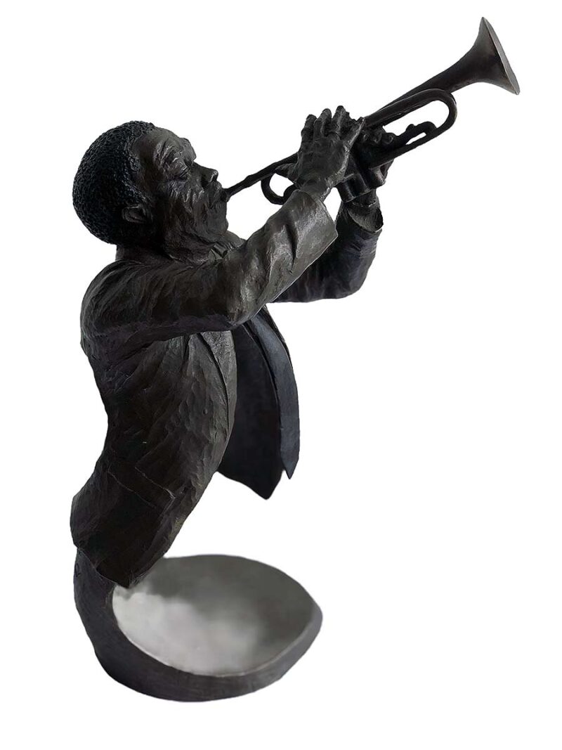 A bronze sculpture titled "Jazz Trumpeter" by Mark Hopkins one of the pieces of the Jazz Musicians Sculpture Group by Mark Hopkins