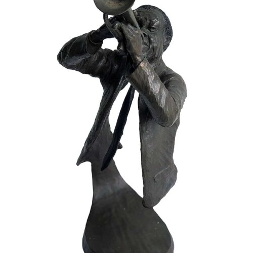 A bronze sculpture titled "Jazz Trumpeter" by Mark Hopkins one of the pieces of the Jazz Musicians Sculpture Group by Mark Hopkins