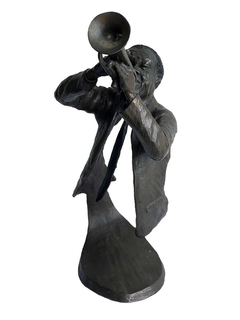 A bronze sculpture titled "Jazz Trumpeter" by Mark Hopkins one of the pieces of the Jazz Musicians Sculpture Group by Mark Hopkins