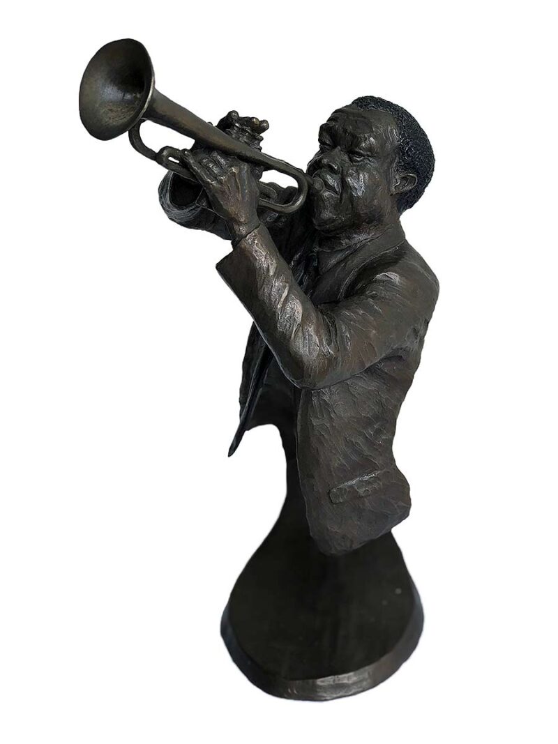 A bronze sculpture titled "Jazz Trumpeter" by Mark Hopkins one of the pieces of the Jazz Musicians Sculpture Group by Mark Hopkins