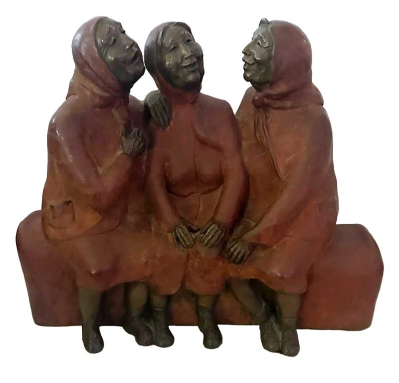 A rare and unique bronze sculpture by the noted sculptor-artist Sally Kimp titled "Rumor Bench". No.1 of an edition of 30. A chance to own a sought after sculpture by Sally Kimp.