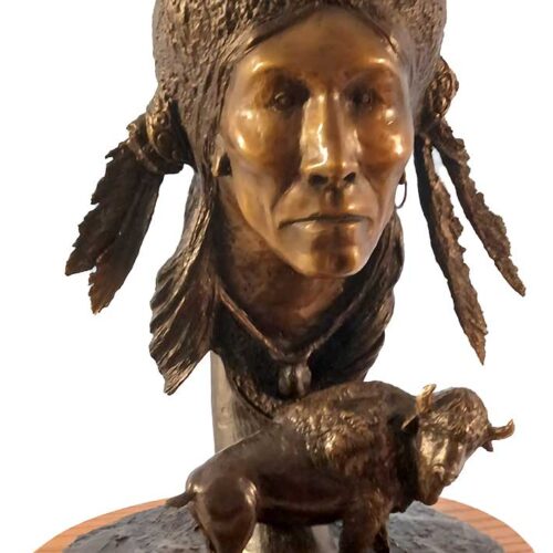 A very nicely done bronze Native American and Buffalo sculpture titled Vision Hunter by Sculptor-Artiat Bill Cullum. Available now from SculptureCollector.com where creative sculpture is bought and sold through our extensive Online Sculpture Gallery in a secure and private manner utilizing our brokerage services worldwide.