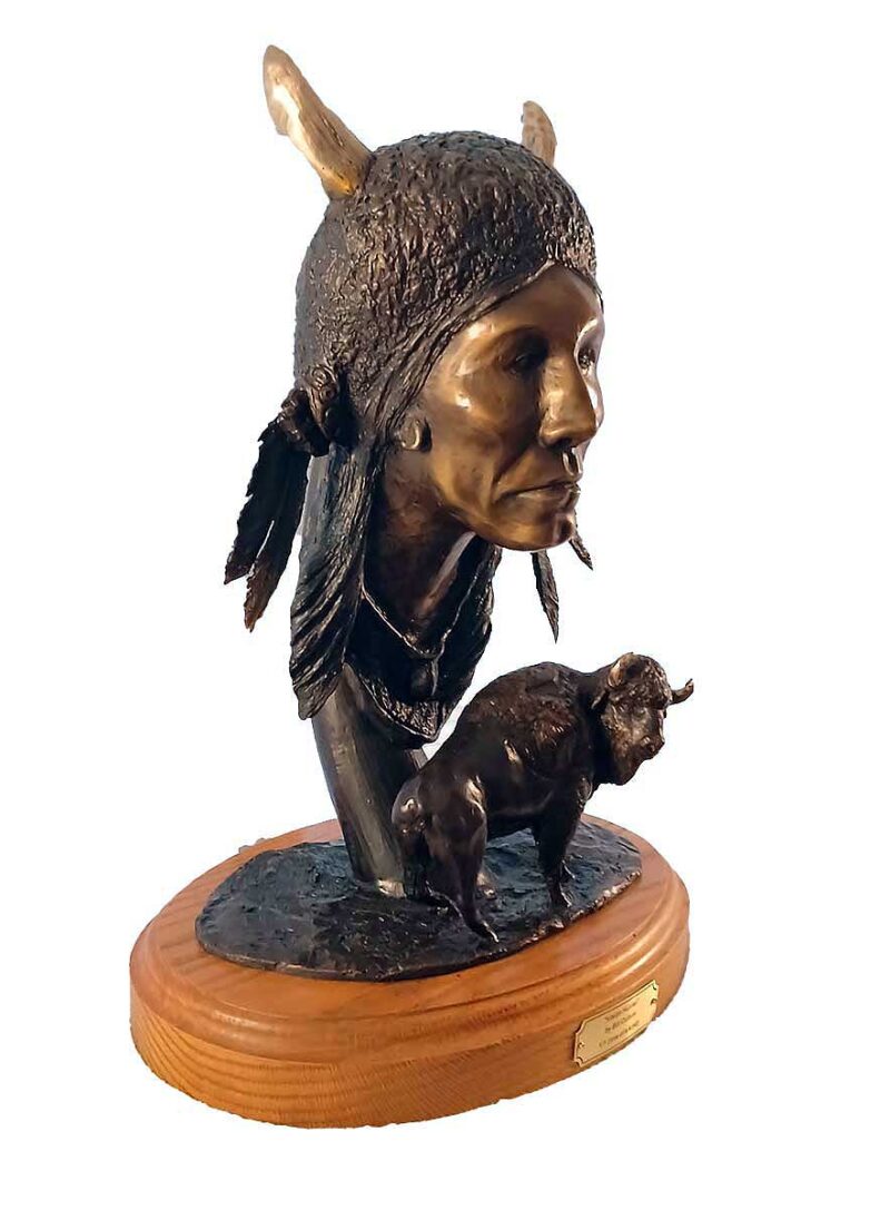 A very nicely done bronze Native American and Buffalo sculpture titled Vision Hunter by Sculptor-Artiat Bill Cullum. Available now from SculptureCollector.com where creative sculpture is bought and sold through our extensive Online Sculpture Gallery in a secure and private manner utilizing our brokerage services worldwide.