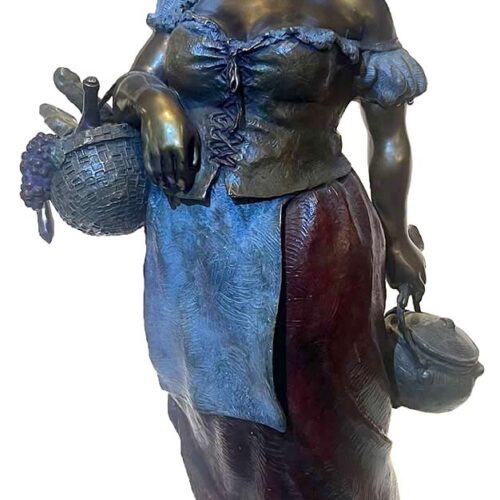 This bronze sculpture depicts Mama Mia as she brings bread and wine in her baskets while capturing a moment of energy and expression. This figurative bronze was created by Walt Horton.