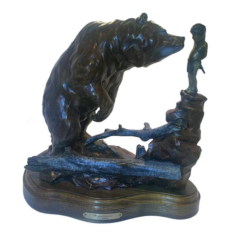 The sculpture Repentance by the late Walt Horton depicts a poignant moment between a young Native American boy and a massive grizzly bear. In this scene, the boy is shown expressing remorse, apologizing to the bear for having wounded him in the hindquarters with an arrow. This rare Limited Edition sculpture by Walt Horton is now available through SculptureCollector.com. where creative and collectible sculpture is bought and sold in a secure and private manner the world over.