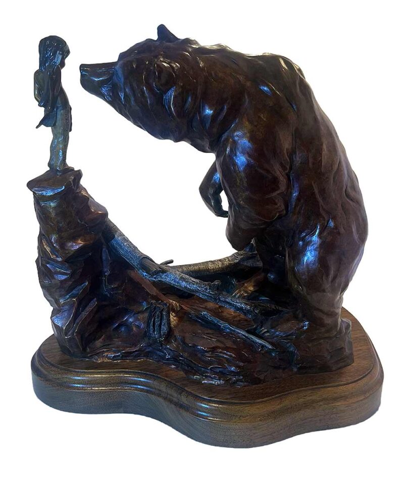 The sculpture Repentance by the late Walt Horton depicts a poignant moment between a young Native American boy and a massive grizzly bear. In this scene, the boy is shown expressing remorse, apologizing to the bear for having wounded him in the hindquarters with an arrow. This rare Limited Edition sculpture by Walt Horton is now available through SculptureCollector.com. where creative and collectible sculpture is bought and sold in a secure and private manner the world over.