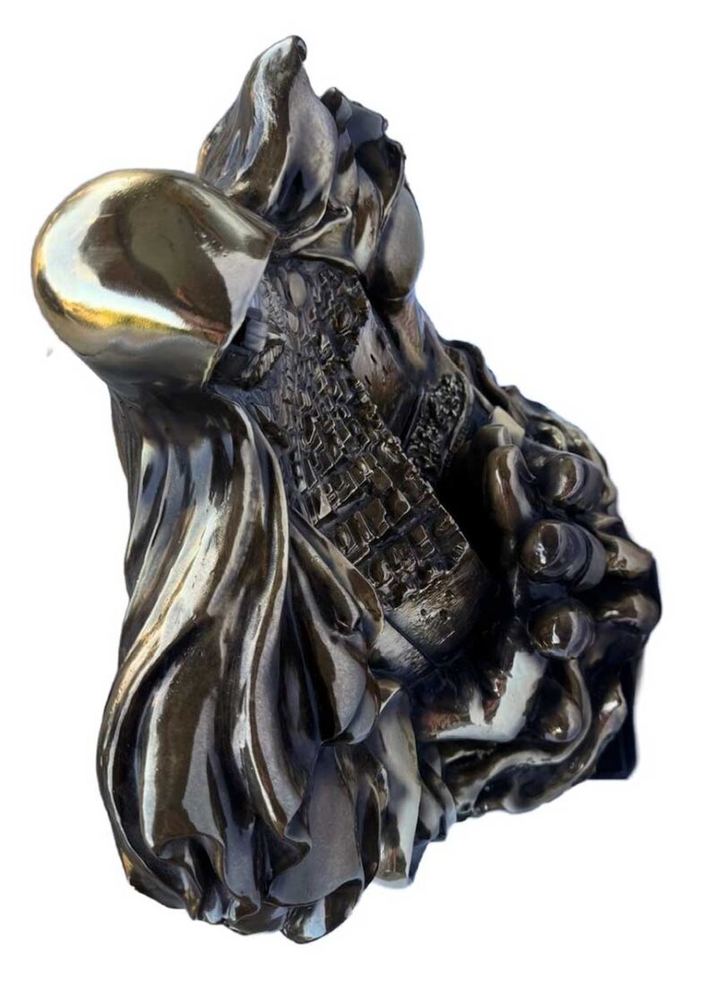 DeLier "Jerusalem" Patinated Bronze Sculpture, depicting Moses holding Jerusalem in his hands, signed and numbered edition "49/299" under left shoulder, mounted on white stone base.