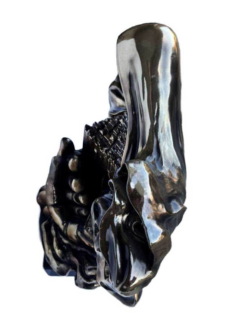 DeLier "Jerusalem" Patinated Bronze Sculpture, depicting Moses holding Jerusalem in his hands, signed and numbered edition "49/299" under left shoulder, mounted on white stone base.