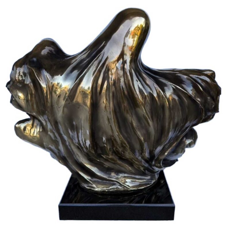 DeLier "Jerusalem" Patinated Bronze Sculpture, depicting Moses holding Jerusalem in his hands, signed and numbered edition "49/299" under left shoulder, mounted on white stone base.