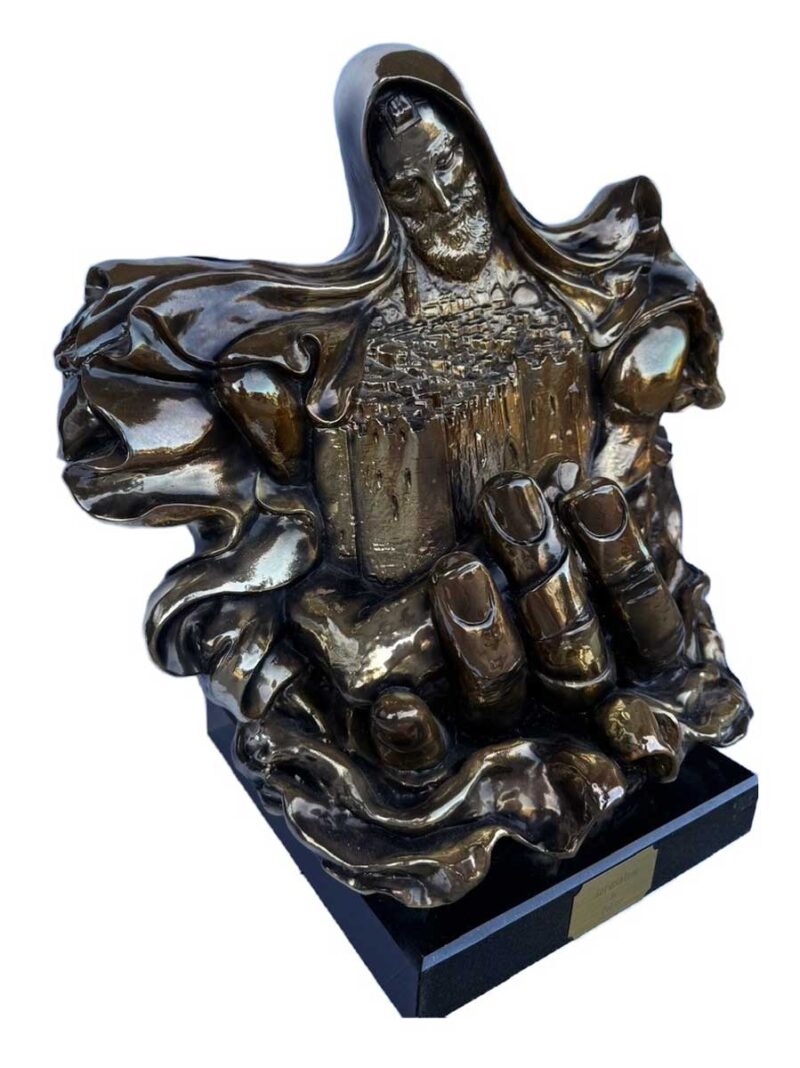 DeLier "Jerusalem" Patinated Bronze Sculpture, depicting Moses holding Jerusalem in his hands, signed and numbered edition "49/299" under left shoulder, mounted on white stone base.