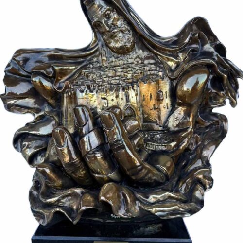 DeLier "Jerusalem" Patinated Bronze Sculpture, depicting Moses holding Jerusalem in his hands, signed and numbered edition "49/299" under left shoulder, mounted on white stone base.