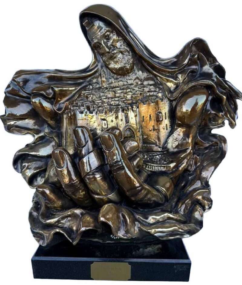 DeLier "Jerusalem" Patinated Bronze Sculpture, depicting Moses holding Jerusalem in his hands, signed and numbered edition "49/299" under left shoulder, mounted on white stone base.