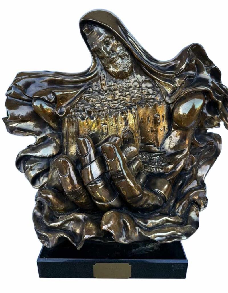 DeLier "Jerusalem" Patinated Bronze Sculpture, depicting Moses holding Jerusalem in his hands, signed and numbered edition "49/299" under left shoulder, mounted on white stone base.