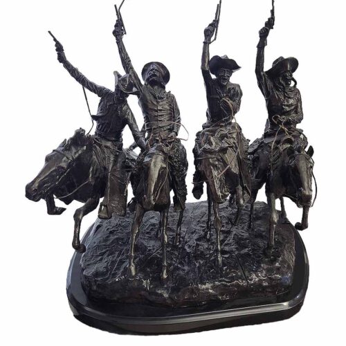 A bronze western sculpture of cowboys titled Coming Through The Rye by Frederic Remington (A nice restrike)