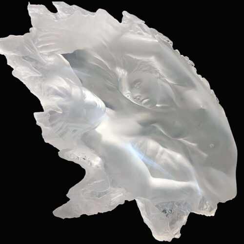 Dream Fragments an acrylic sculpture by Michael Wilkinson - The polished, crystal-clear acrylic gives the piece a modern, minimalist aesthetic, while the fragmented forms suggest a deeper, more contemplative narrative.