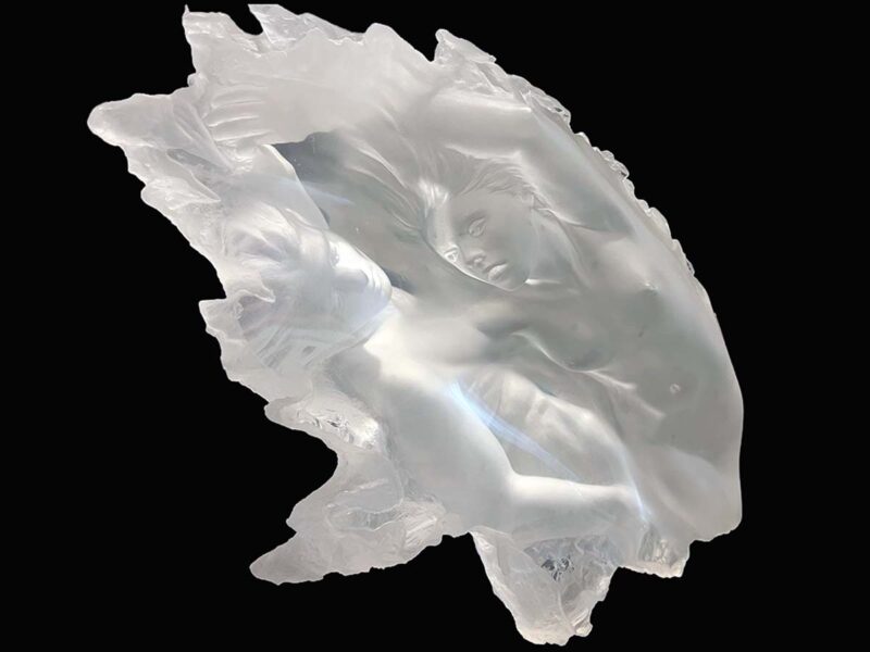 Dream Fragments an acrylic sculpture by Michael Wilkinson - The polished, crystal-clear acrylic gives the piece a modern, minimalist aesthetic, while the fragmented forms suggest a deeper, more contemplative narrative.