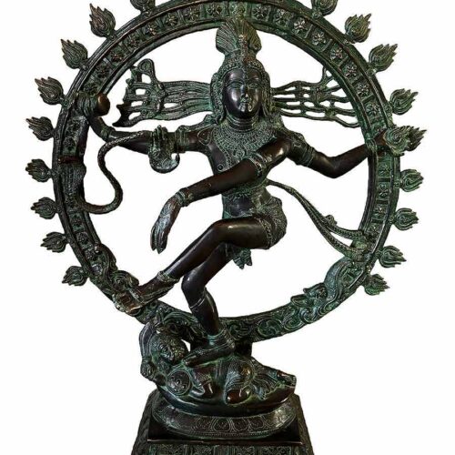 Nataraja in his cosmic dance form in a circle of fire. One of a kind statue depicting incredible details of the attributes of Nataraja using the lost wax method. Crafted by expert South Asian artisans. Measures an impressive 27" W x 11" x 34" T