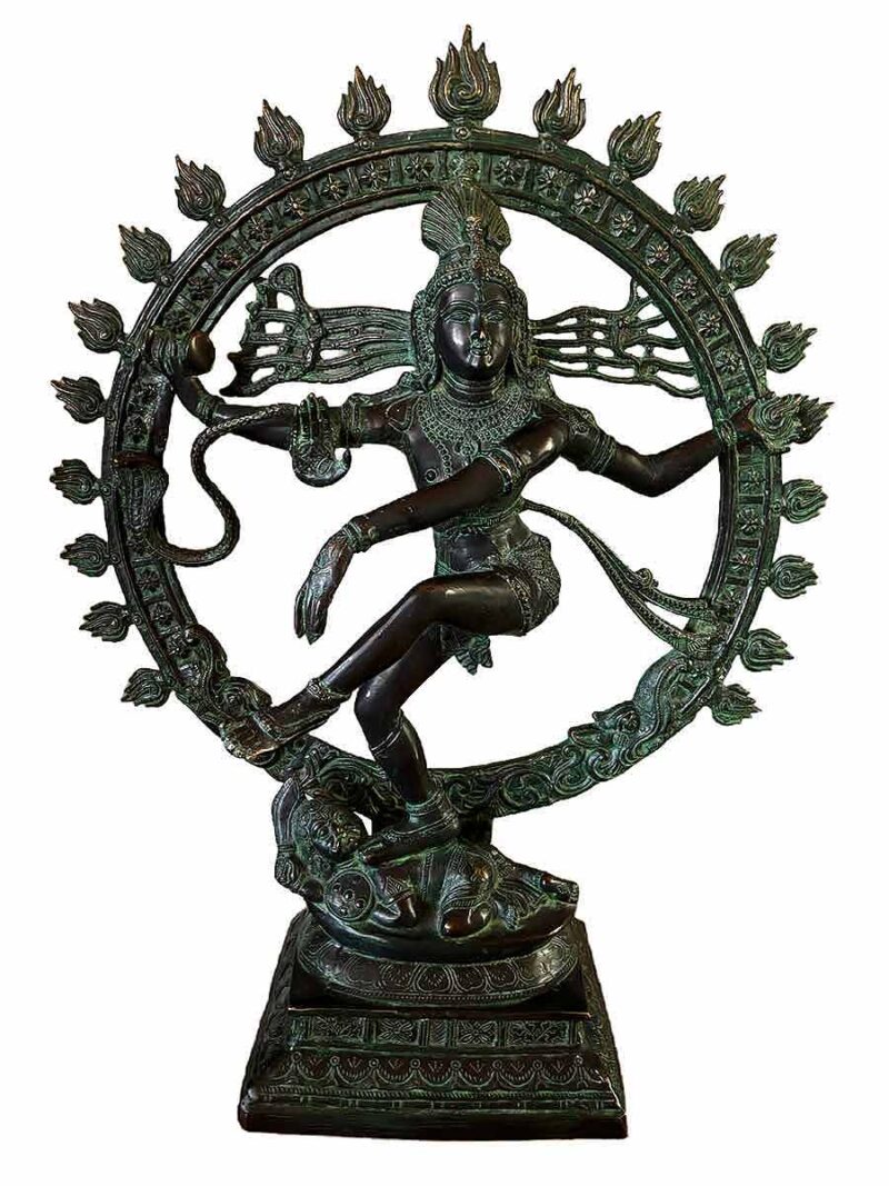 Nataraja in his cosmic dance form in a circle of fire. One of a kind statue depicting incredible details of the attributes of Nataraja using the lost wax method. Crafted by expert South Asian artisans. Measures an impressive 27" W x 11" x 34" T