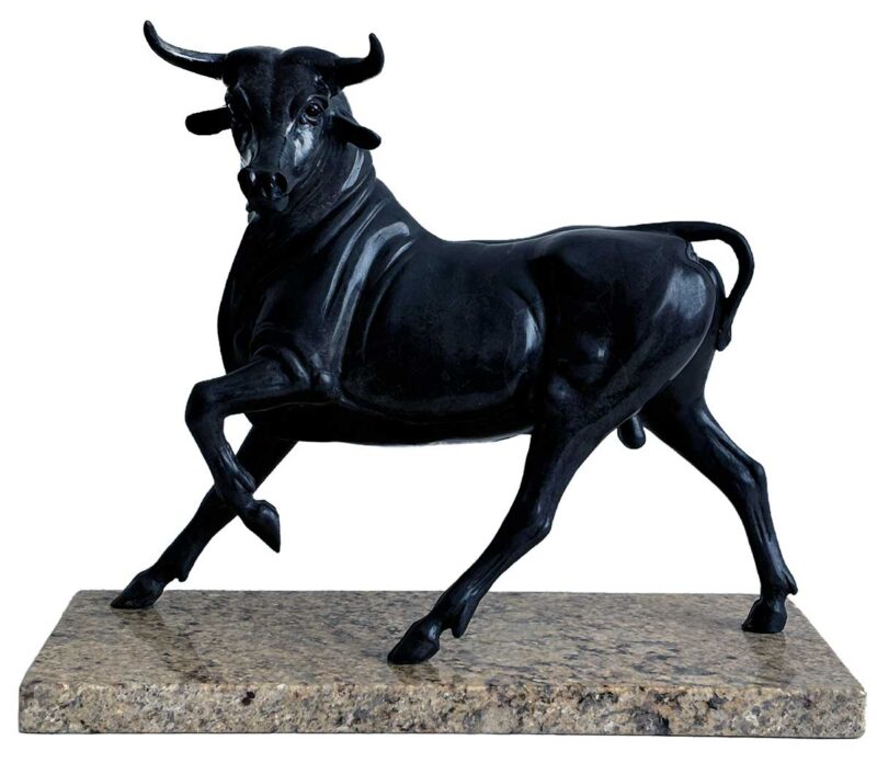 "Bravo" a bull sculpture with a dark patina by the noted Sculptor-Artist Robert Larum. Available now from SculptureCollector.com where unique and creative sculpture is purchased in a secure and private manner globally.