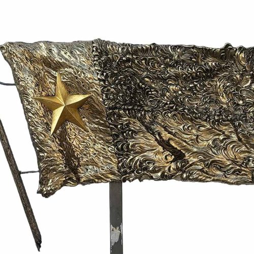 R. Garth West Texas Bronze Flag with a 23k gold leaf star. This is #03 of 5 made originally to be a run of 50. Garth had destroyed the molds after #05 and he passed away in Oct of 2023. #01, #02 and #05 were sold in different galleries ranging from $28-$32,000.00 each. The flag weighs app 200lb. and comes with wall hangars. Available now from SculptureCollector.com, where unique sculptures are both purchased and sold securely and privately worldwide.