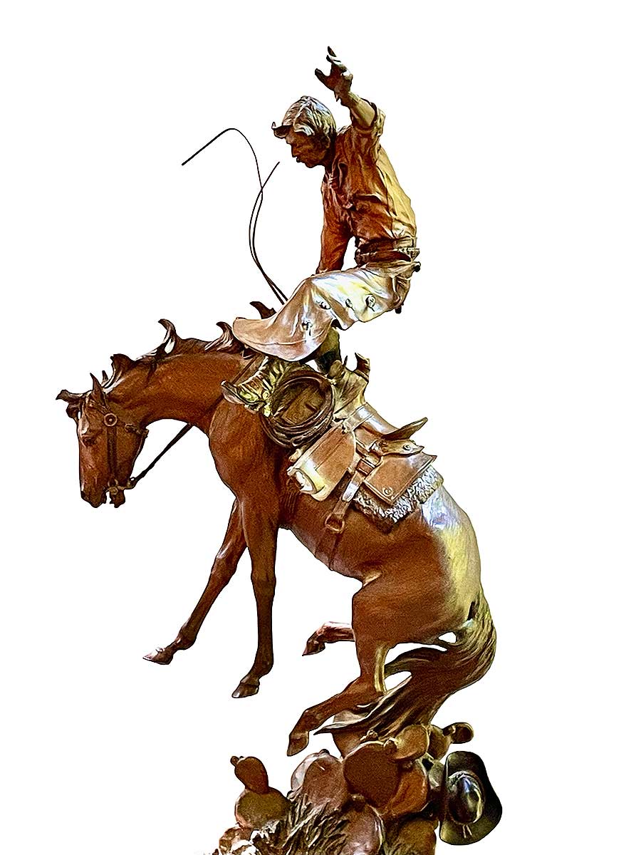 "Prickly Pears for Supper" a limited Edition bronze sculpture of a bucking bronco horse and cowboy rider by noted sculptor Elie Hazak. Prickly Pears for Supper is now available through SculptureCollector.com