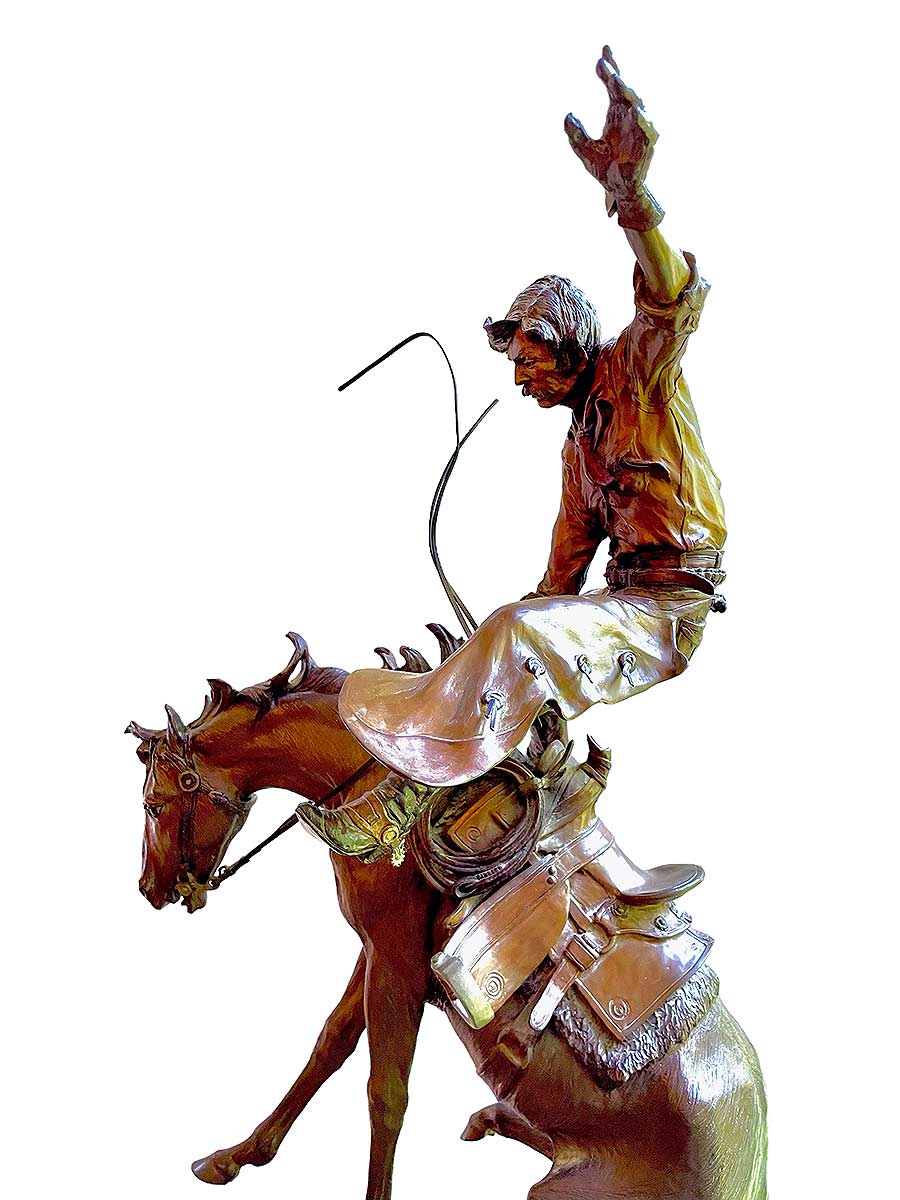 "Prickly Pears for Supper" a limited Edition bronze sculpture of a bucking bronco horse and cowboy rider by noted sculptor Elie Hazak. Prickly Pears for Supper is now available through SculptureCollector.com