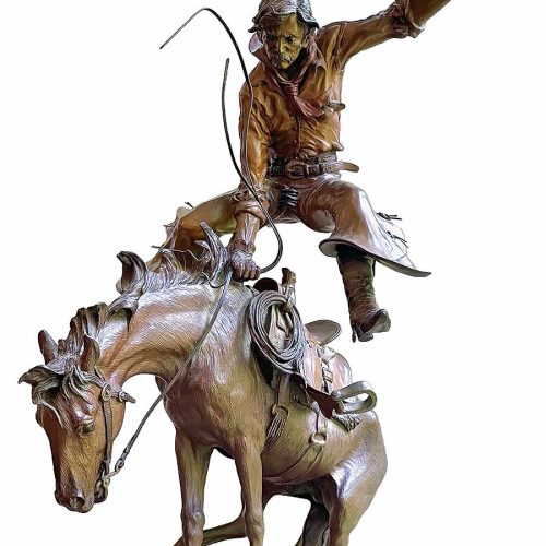 "Prickly Pears for Supper" a limited Edition bronze sculpture of a bucking bronco horse and cowboy rider by noted sculptor Elie Hazak. Prickly Pears for Supper is now available through SculptureCollector.com