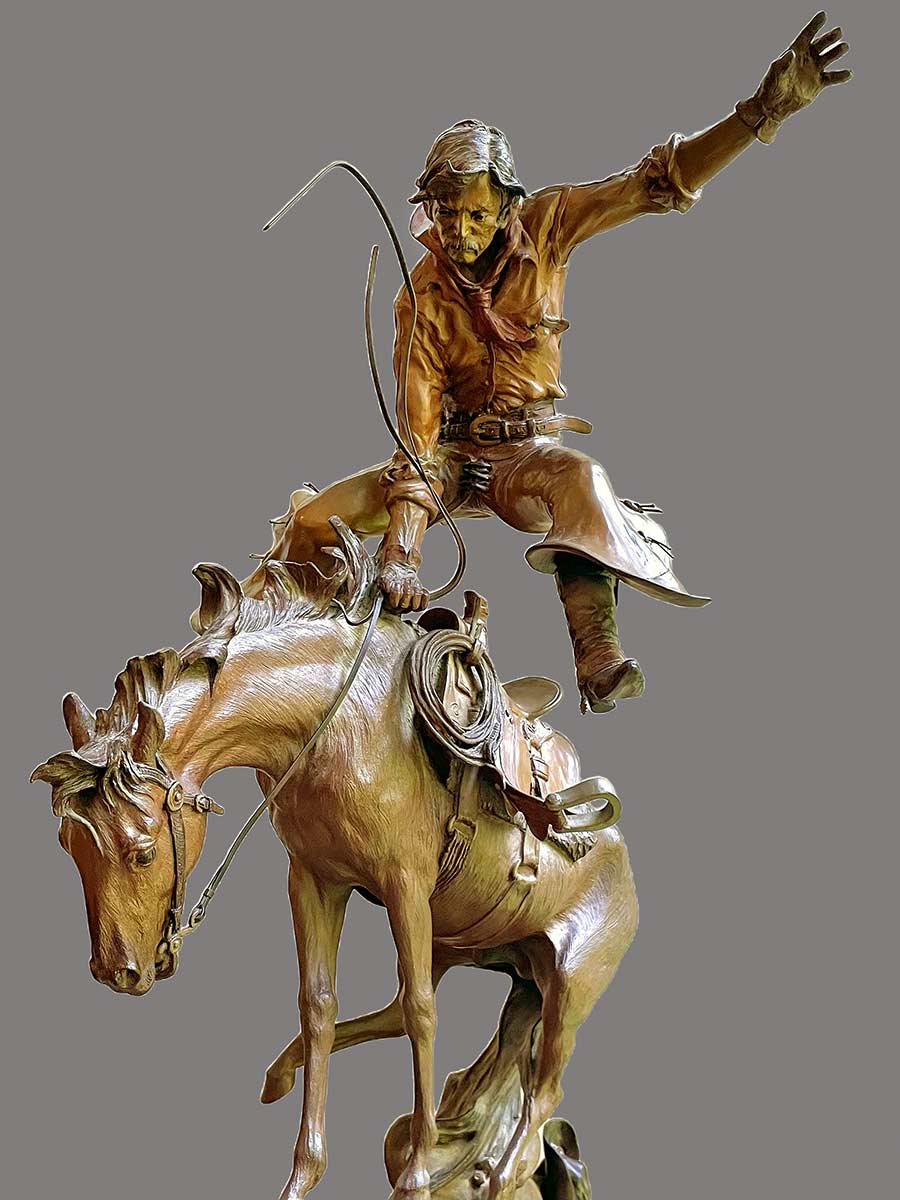 "Prickly Pears for Supper" a limited Edition bronze sculpture of a bucking bronco horse and cowboy rider by noted sculptor Elie Hazak. Prickly Pears for Supper is now available through SculptureCollector.com