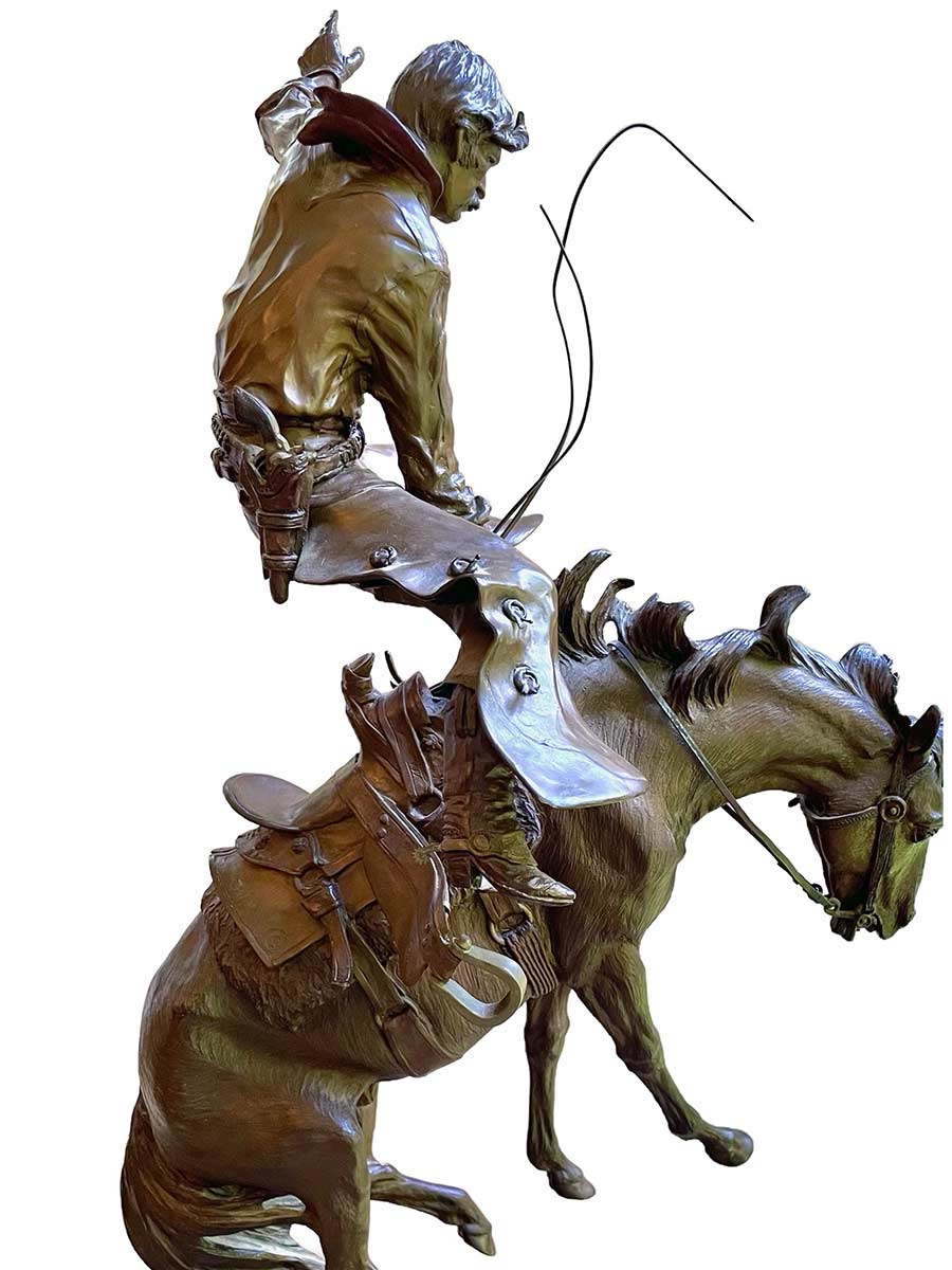 "Prickly Pears for Supper" a limited Edition bronze sculpture of a bucking bronco horse and cowboy rider by noted sculptor Elie Hazak. Prickly Pears for Supper is now available through SculptureCollector.com