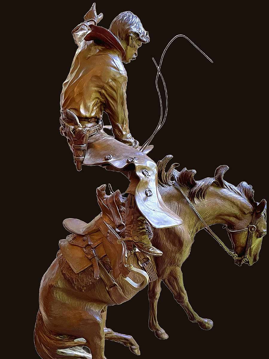 "Prickly Pears for Supper" a limited Edition bronze sculpture of a bucking bronco horse and cowboy rider by noted sculptor Elie Hazak. Prickly Pears for Supper is now available through SculptureCollector.com
