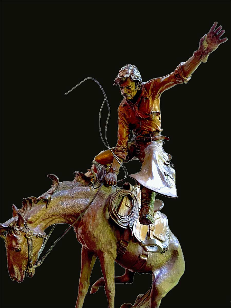 "Prickly Pears for Supper" a limited Edition bronze sculpture of a bucking bronco horse and cowboy rider by noted sculptor Elie Hazak. Prickly Pears for Supper is now available through SculptureCollector.com