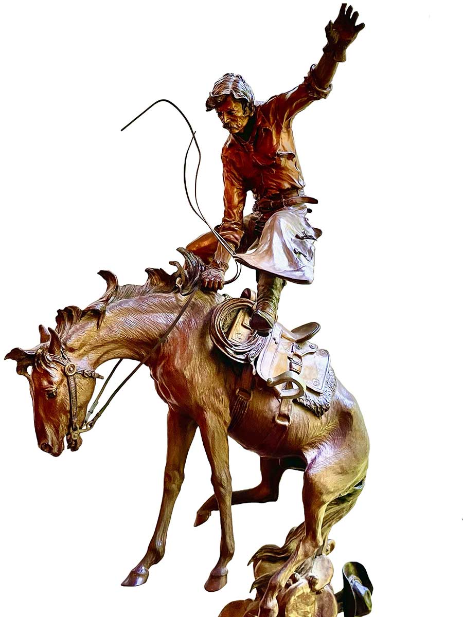 "Prickly Pears for Supper" a limited Edition bronze sculpture of a bucking bronco horse and cowboy rider by noted sculptor Elie Hazak. Prickly Pears for Supper is now available through SculptureCollector.com
