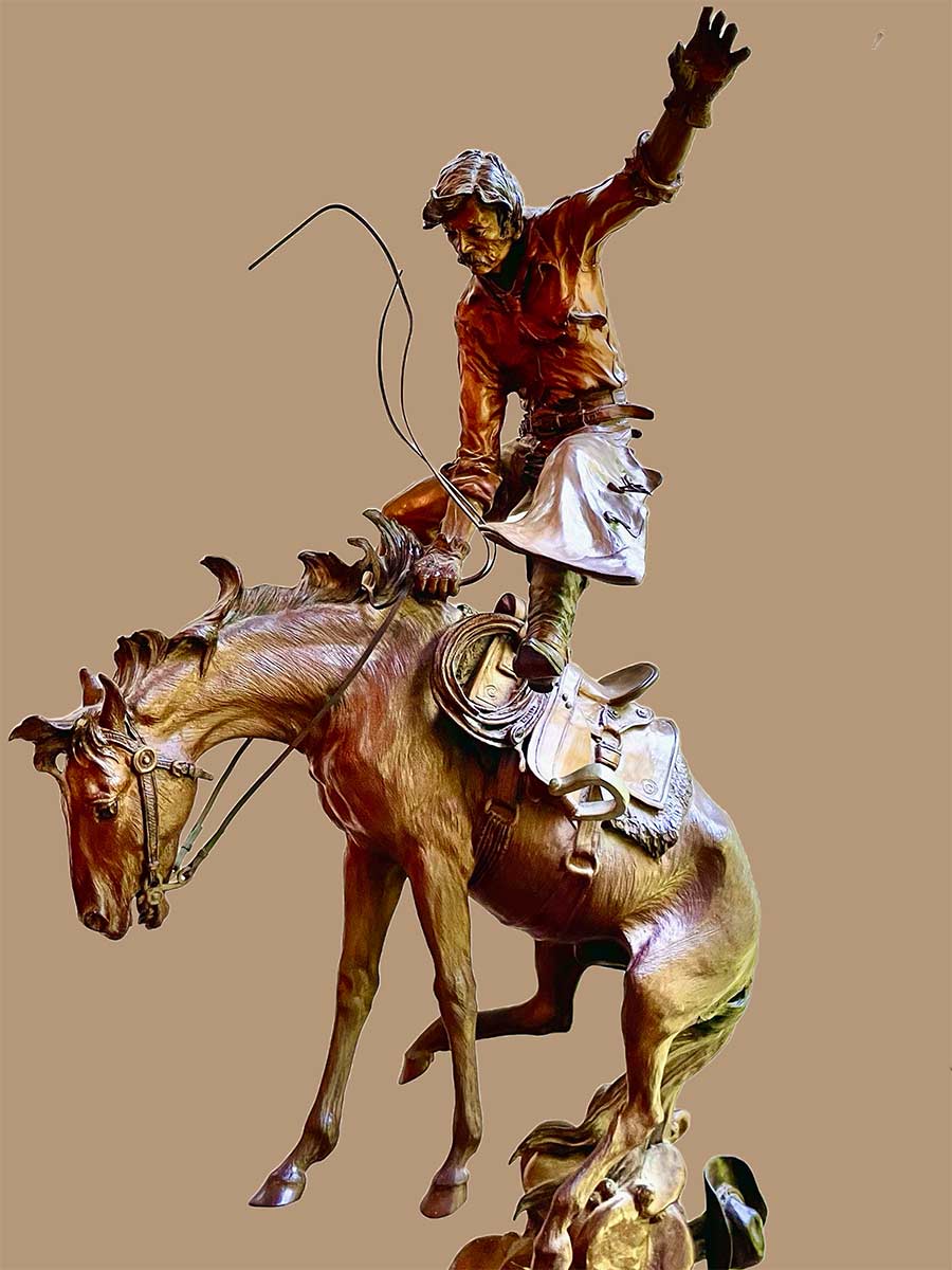 "Prickly Pears for Supper" a limited Edition bronze sculpture of a bucking bronco horse and cowboy rider by noted sculptor Elie Hazak. Prickly Pears for Supper is now available through SculptureCollector.com