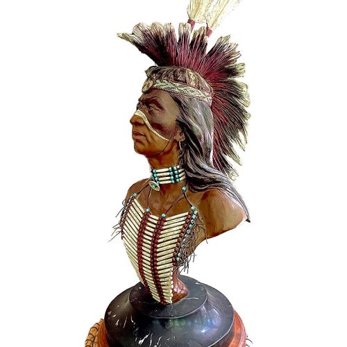 "Proud Race" a limited Edition bronze sculpture of a Native American Indian Chief in full dress regalia by noted sculptor Elie Hazak. Proud Race is now available through SculptureCollector.com